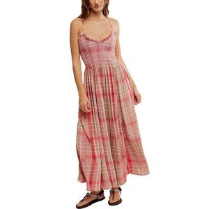 Free People Sweet Nothings Midi Dress Smocked Ruffle Plaid Printed M NEW 284827